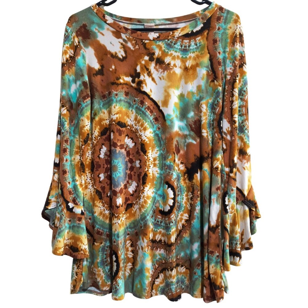 Boho Size Medium Tie Dye Print 3/4 Bell Sleeve Top